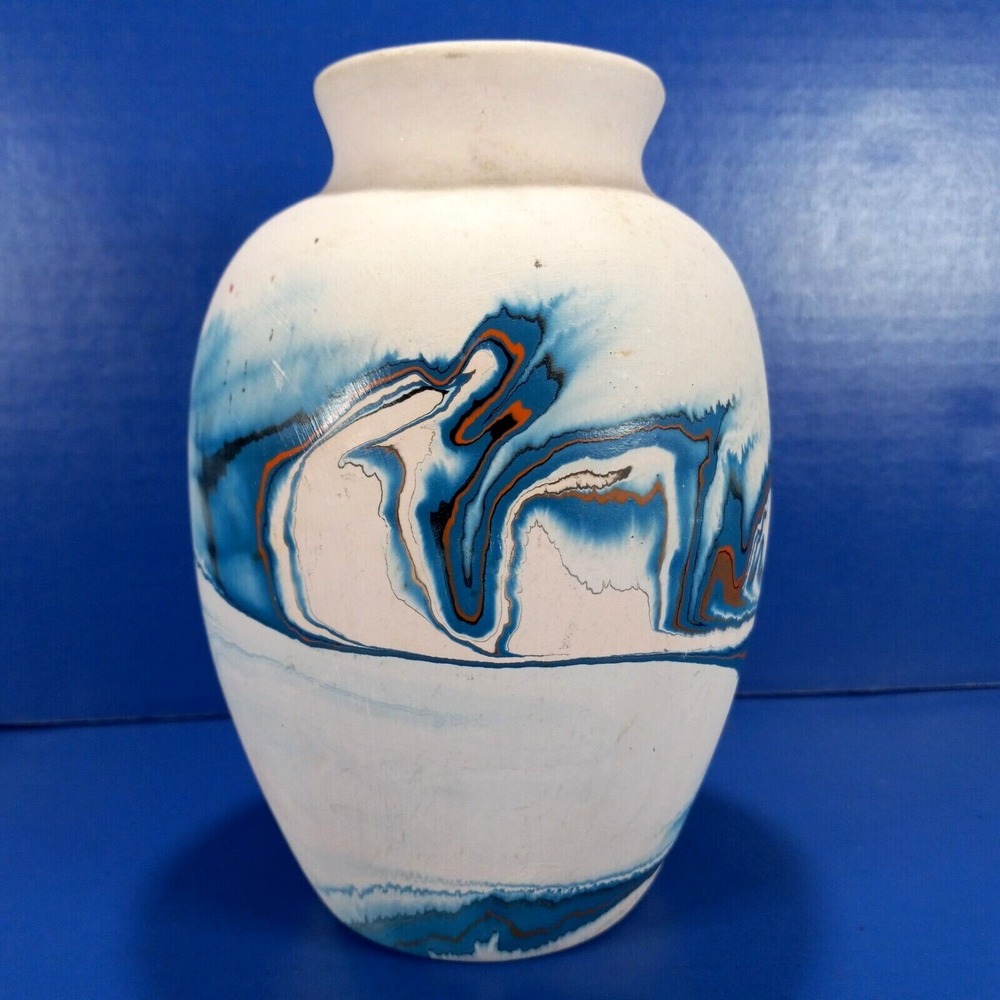 Nemadji Vase Native American Pottery USA 7 inch Blues Orange White